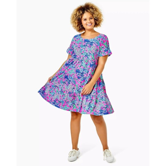 Lilly Pulitzer Jodee Short Sleeve Swing Dress Cotton Printed Ruffle S NEW 282314 - Picture 1 of 8